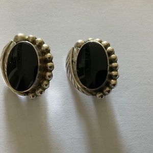 Vintage Mexico 925 Silver And Onix Clip On Earrings